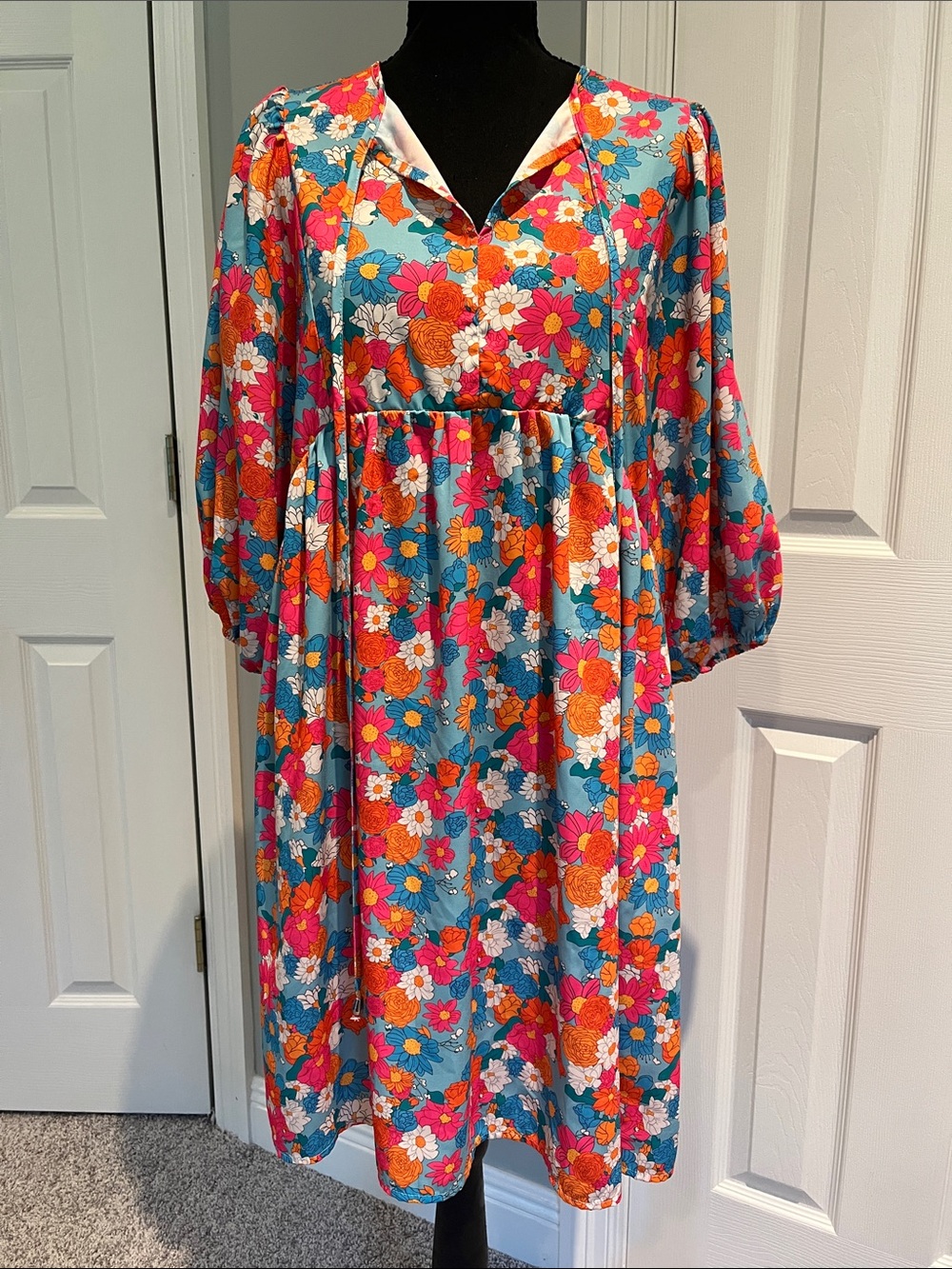 Floral V-Neck Midi Dress in Turquoise & Pink